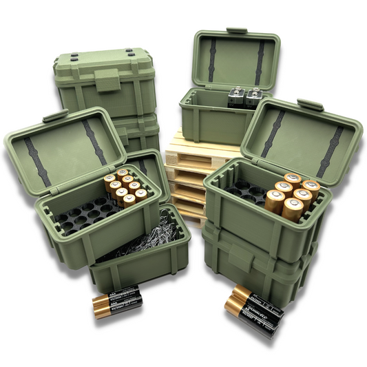 Armee Kiste im Military Design - Look in Olive Grün und Tarnfarbe zur Aufbewahrung von Batterien der Größe AA, AAA, 9 Volt, Leerkiste für beispielsweise Büroklammern