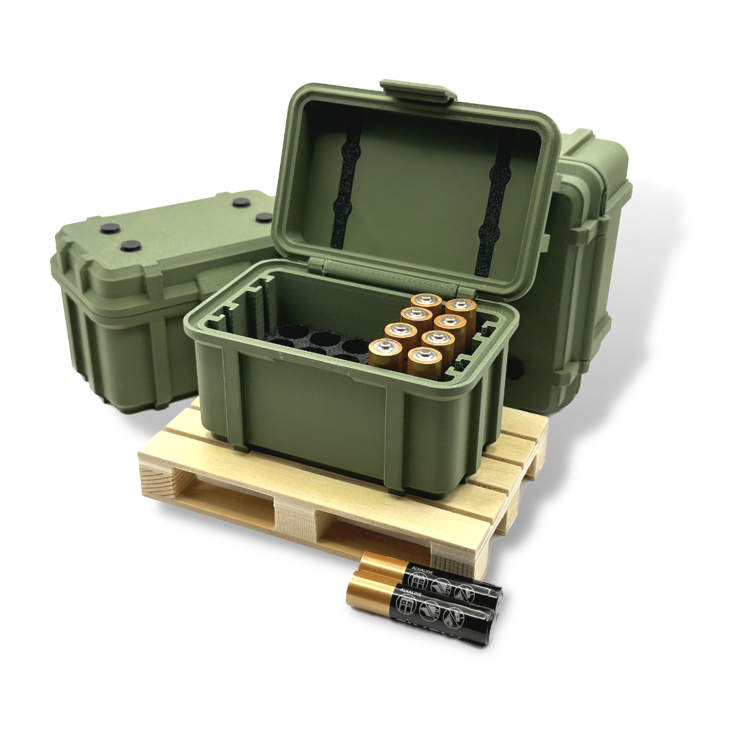 Armee Kiste im Military Design - Look in Olive Grün und Tarnfarbe zur Aufbewahrung von Batterien der Größe AAA inkl. Palette