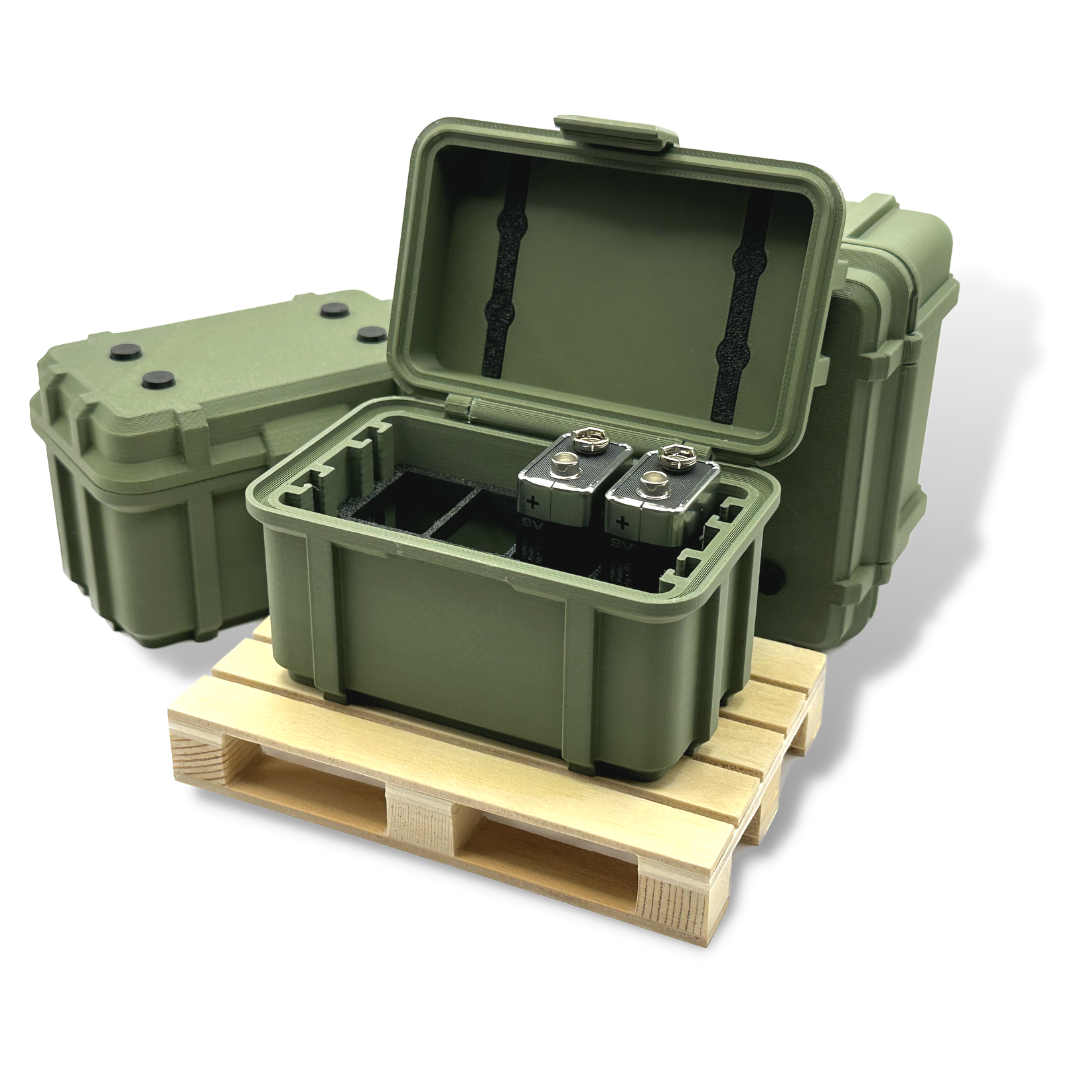 Armee Kiste im Military Design - Look in Olive Grün und Tarnfarbe zur Aufbewahrung von Batterien der Größe 9 Volt inkl. Palette