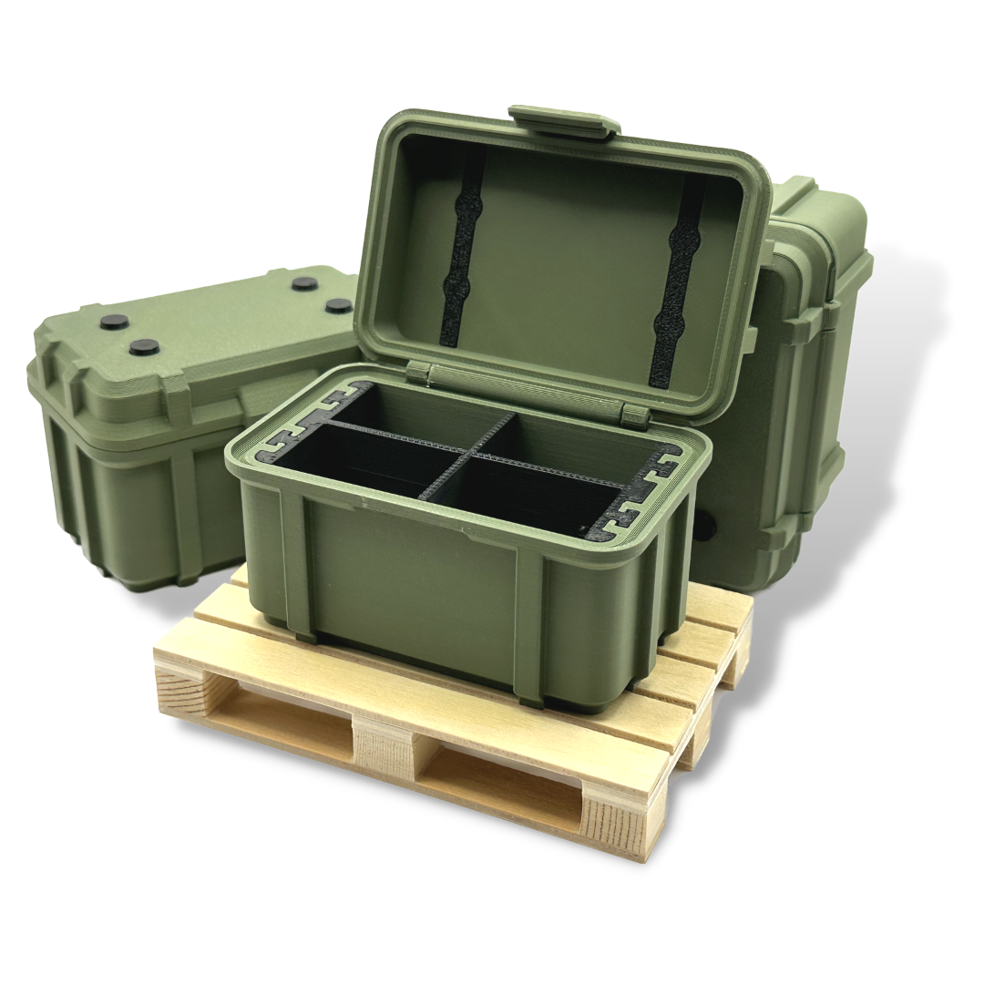 Armee Kiste im Military Design - Look in Olive Grün und Tarnfarbe zur Aufbewahrung mit vierer Unterteilung inkl. Palette