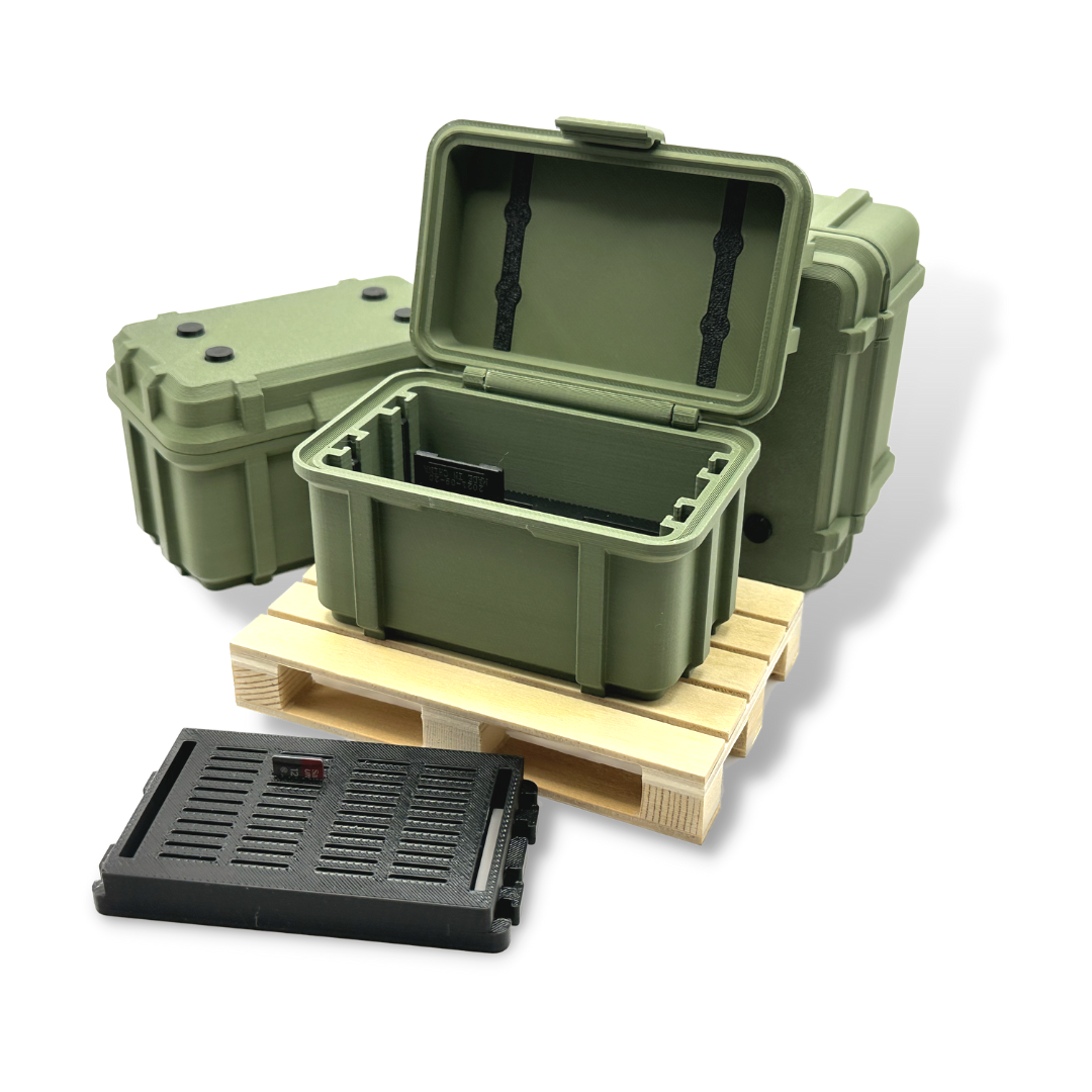 Armee Kiste im Military Design - Look in Olive Grün und Tarnfarbe zur Aufbewahrung von SD-Karten und Micro-SD-Karten inkl. Palette