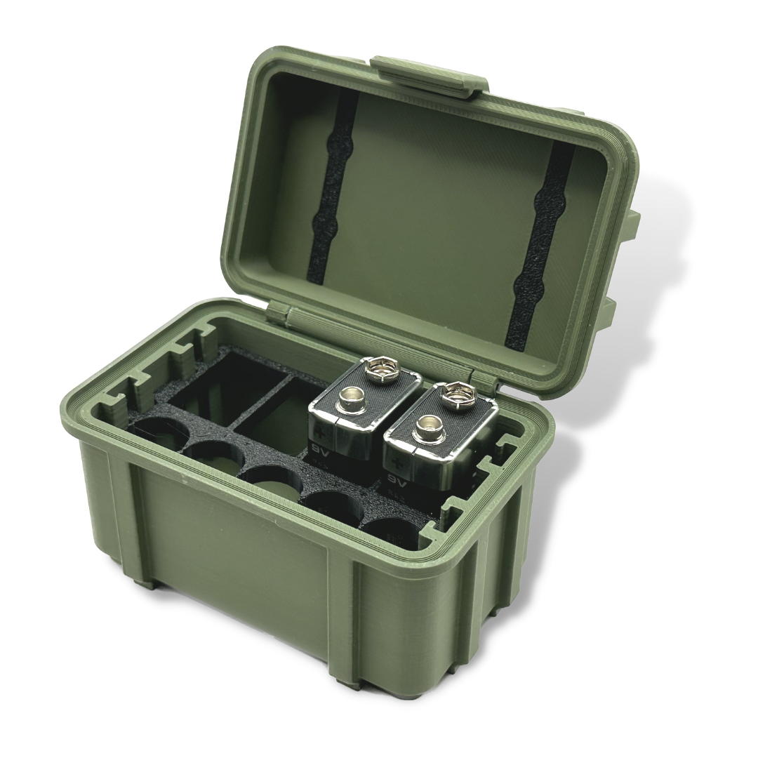 Batteriekiste im Armee Design Olive Grün zur Aufbewahrung von 9Volt und AA Batterien