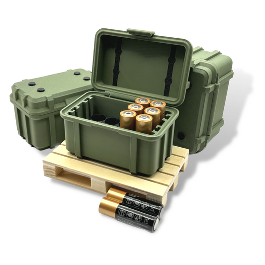 Armee Kiste im Military Design - Look in Olive Grün und Tarnfarbe zur Aufbewahrung von Batterien der Größe AA inkl. Palette