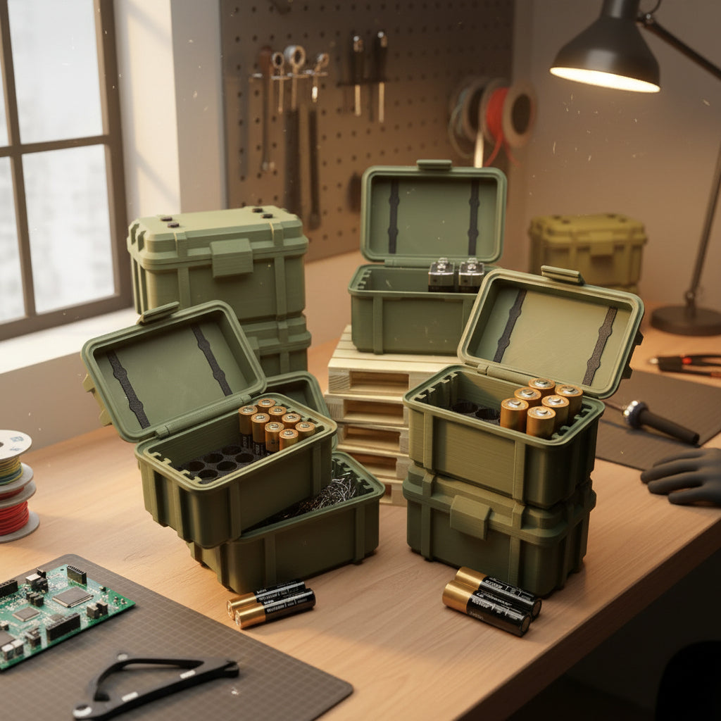 Batterie Aufbewahrung Armee / Militär Kiste Box für Batterien in Olive / Tarnfarbe