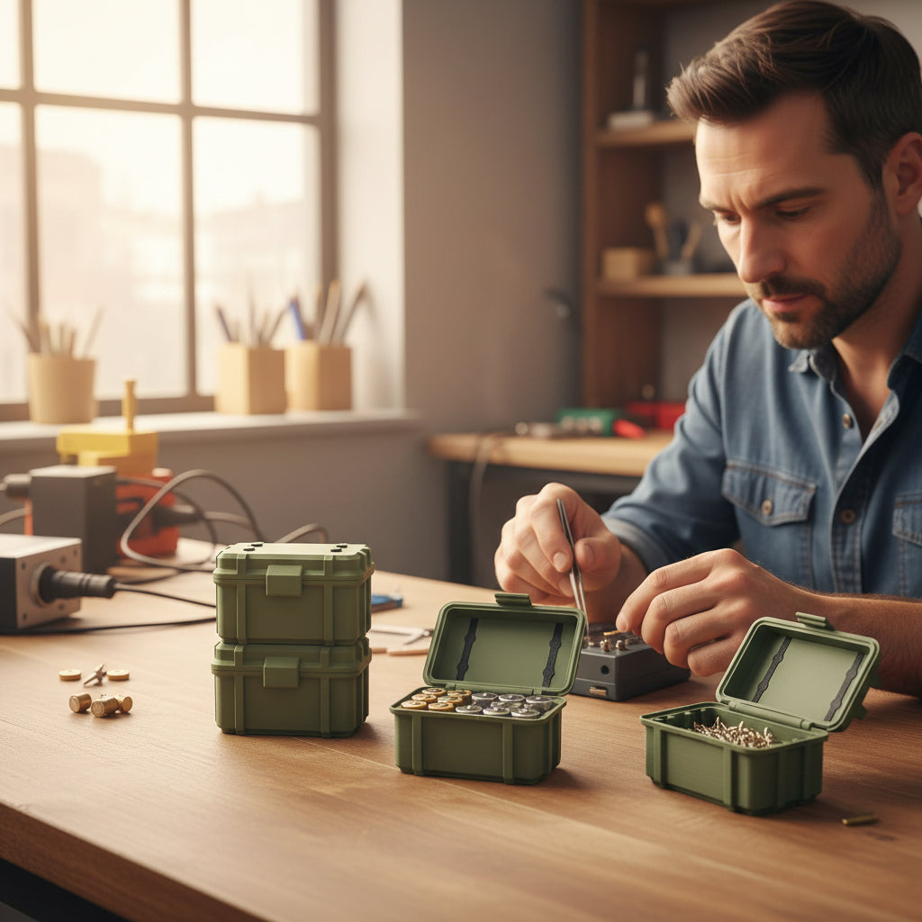 Batterie Aufbewahrung Armee / Militär Kiste Box für Batterien in Olive / Tarnfarbe