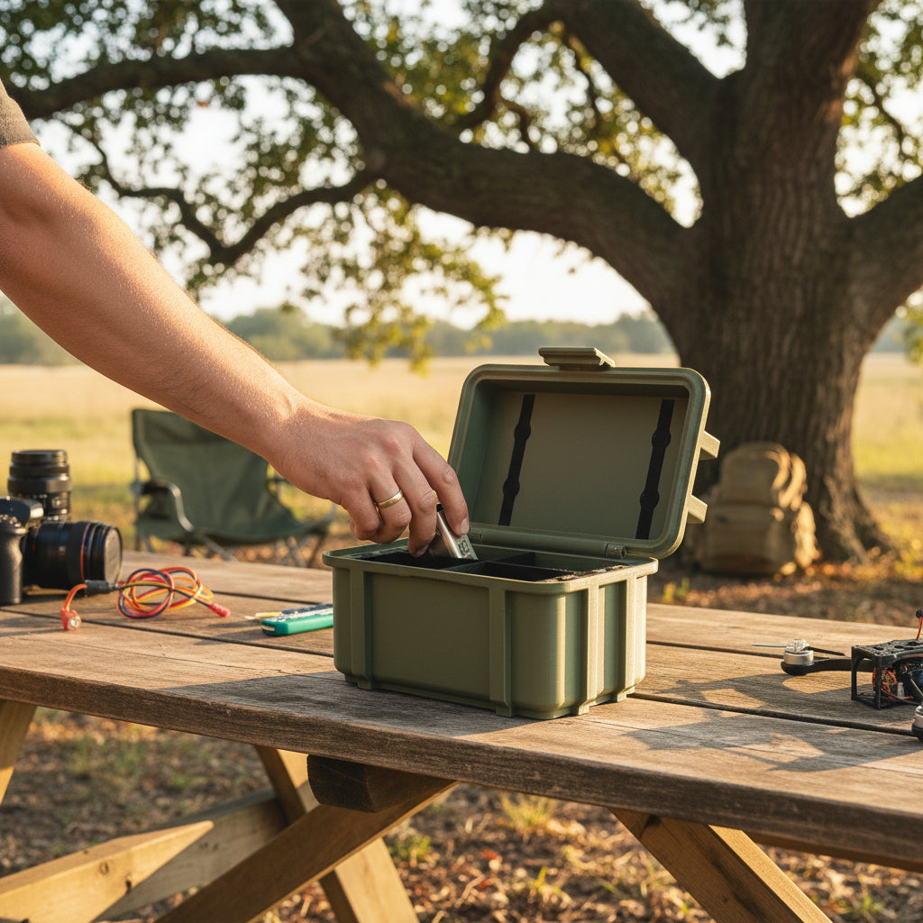 Batterie Aufbewahrung Armee / Militär Kiste Box für Batterien in Olive / Tarnfarbe