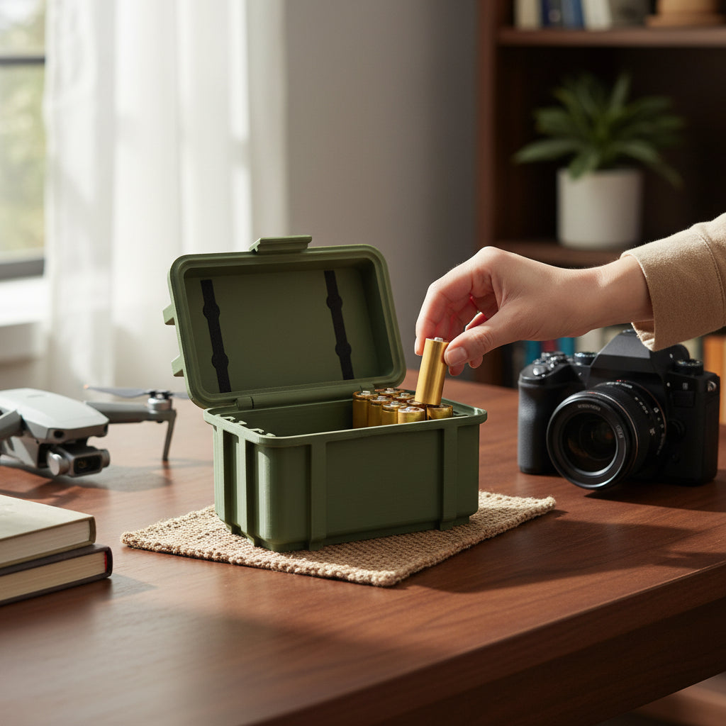 Batterie Aufbewahrung Armee / Militär Kiste Box für Batterien in Olive / Tarnfarbe