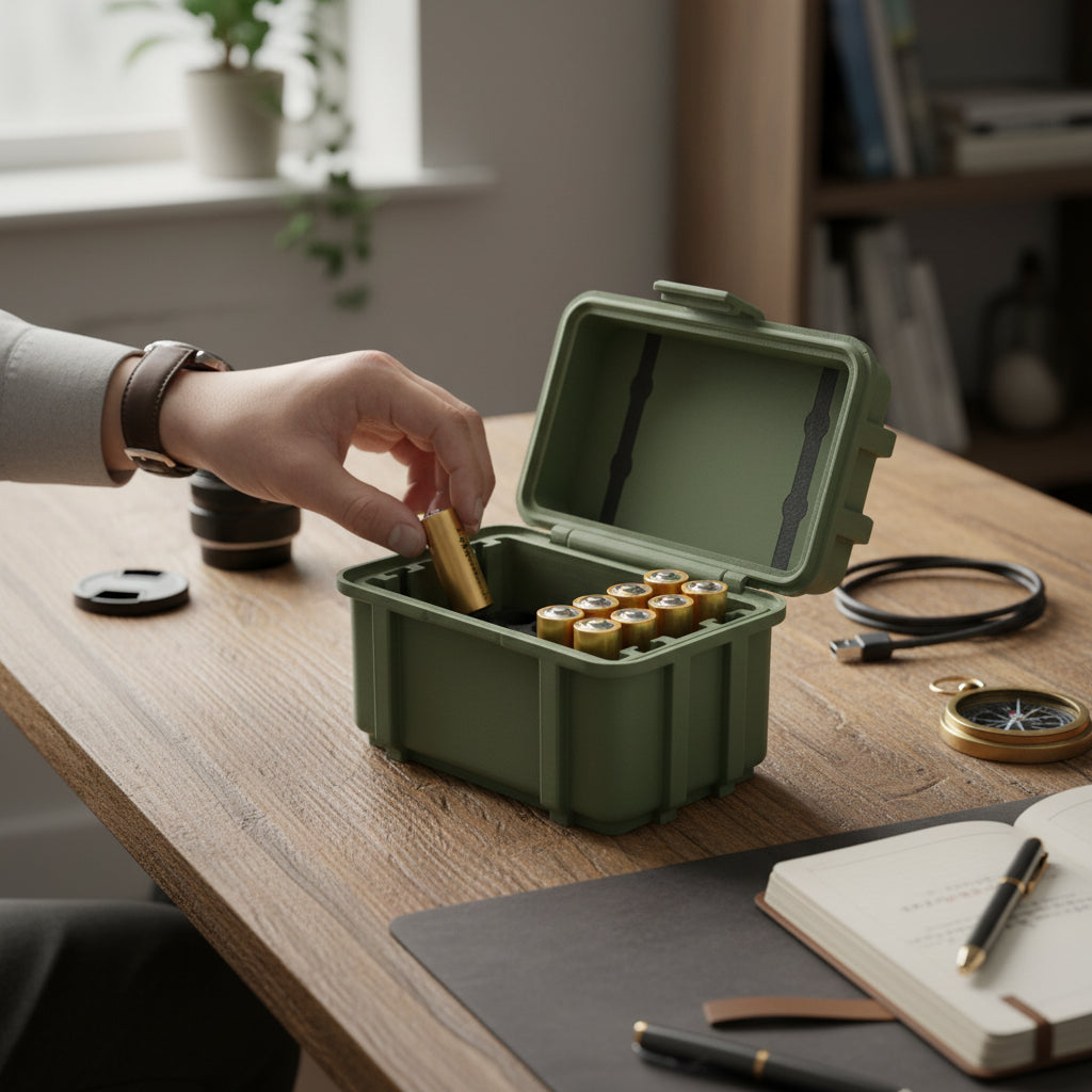 Batterie Aufbewahrung Armee / Militär Kiste Box für Batterien in Olive / Tarnfarbe