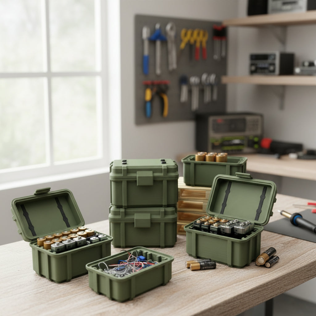 Batterie Aufbewahrung Armee / Militär Kiste Box für Batterien in Olive / Tarnfarbe