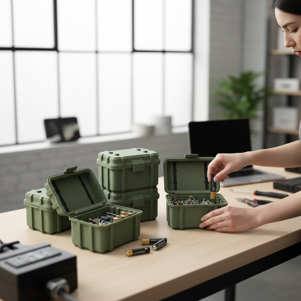 Batterie Aufbewahrung Armee / Militär Kiste Box für Batterien in Olive / Tarnfarbe