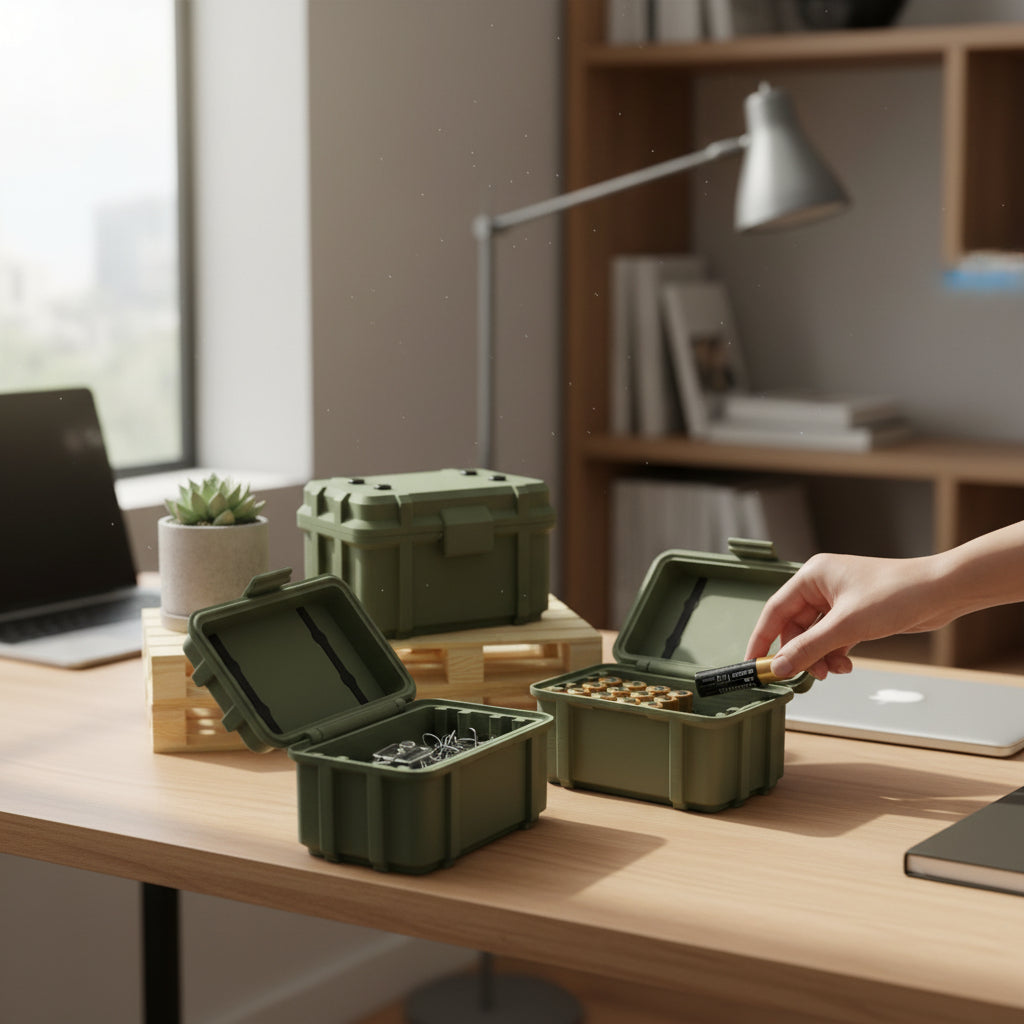 Batterie Aufbewahrung Armee / Militär Kiste Box für Batterien in Olive / Tarnfarbe