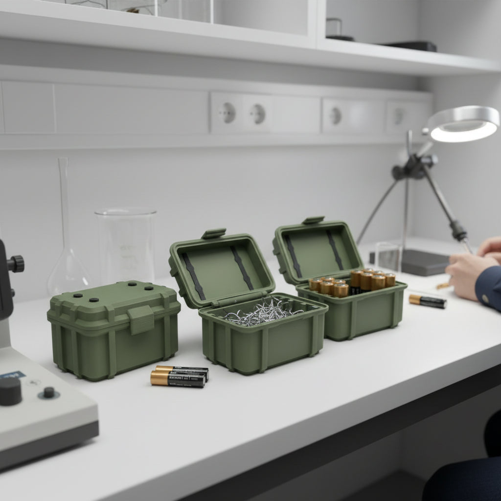 Batterie Aufbewahrung Armee / Militär Kiste Box für Batterien in Olive / Tarnfarbe